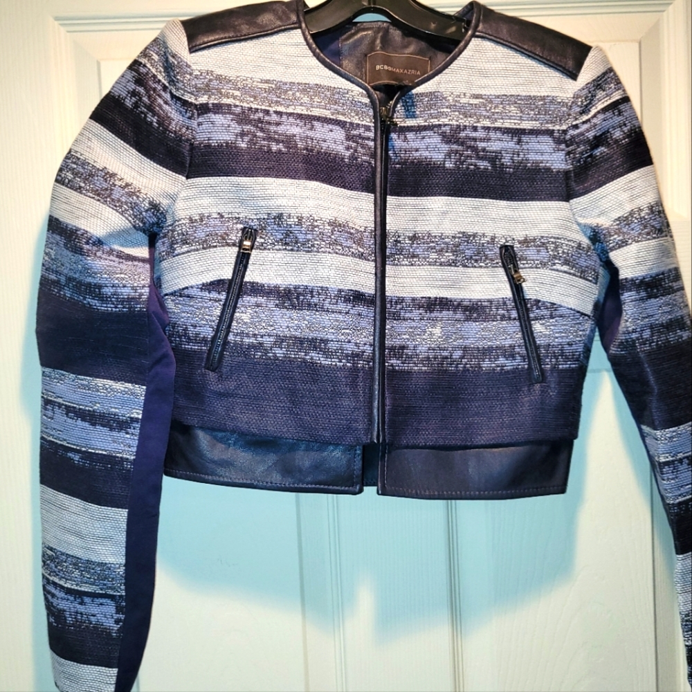 BCBGMAXAZRIA Blue tweed and faux leather cropped jacket